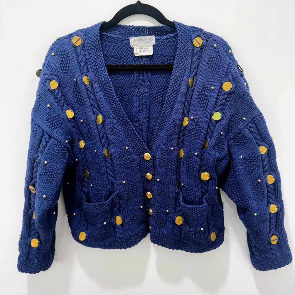 Vintage Women's Sweater Blue Cardigan Knit Coin Artwork London Novelty Large